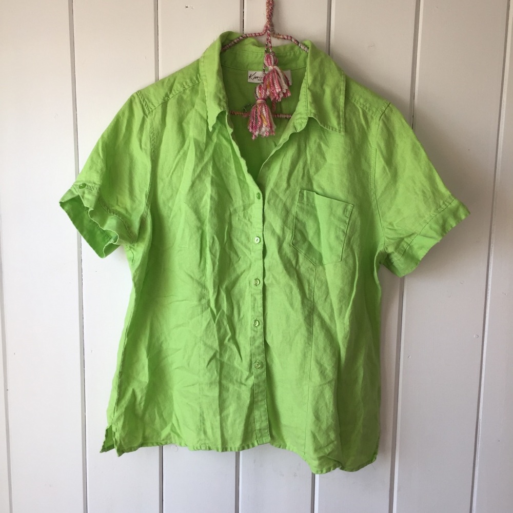 100% Linen Lime Green Short Sleeve Button Down Top